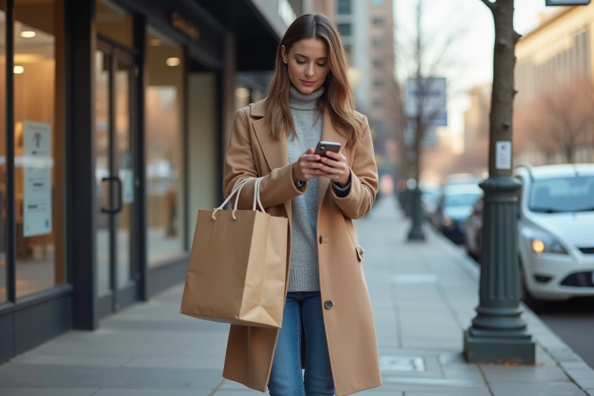Jeune femme avec colis Vinted devant un point relais urbain