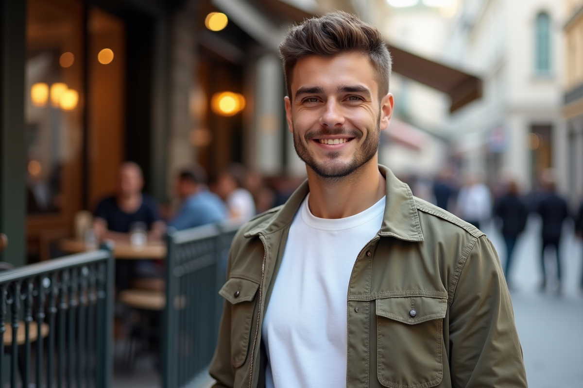 Jeune homme détendu devant un café en ville