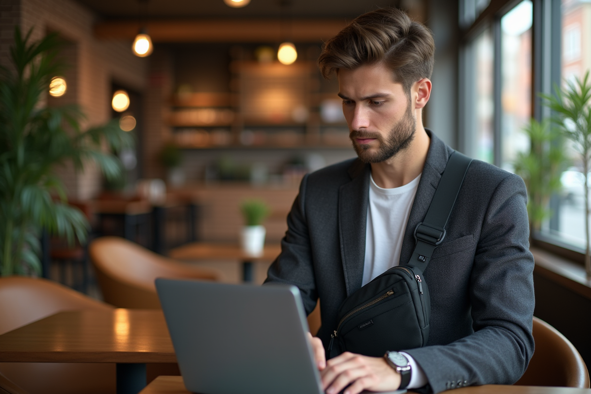Jeune homme avec sac discret dans un café moderne