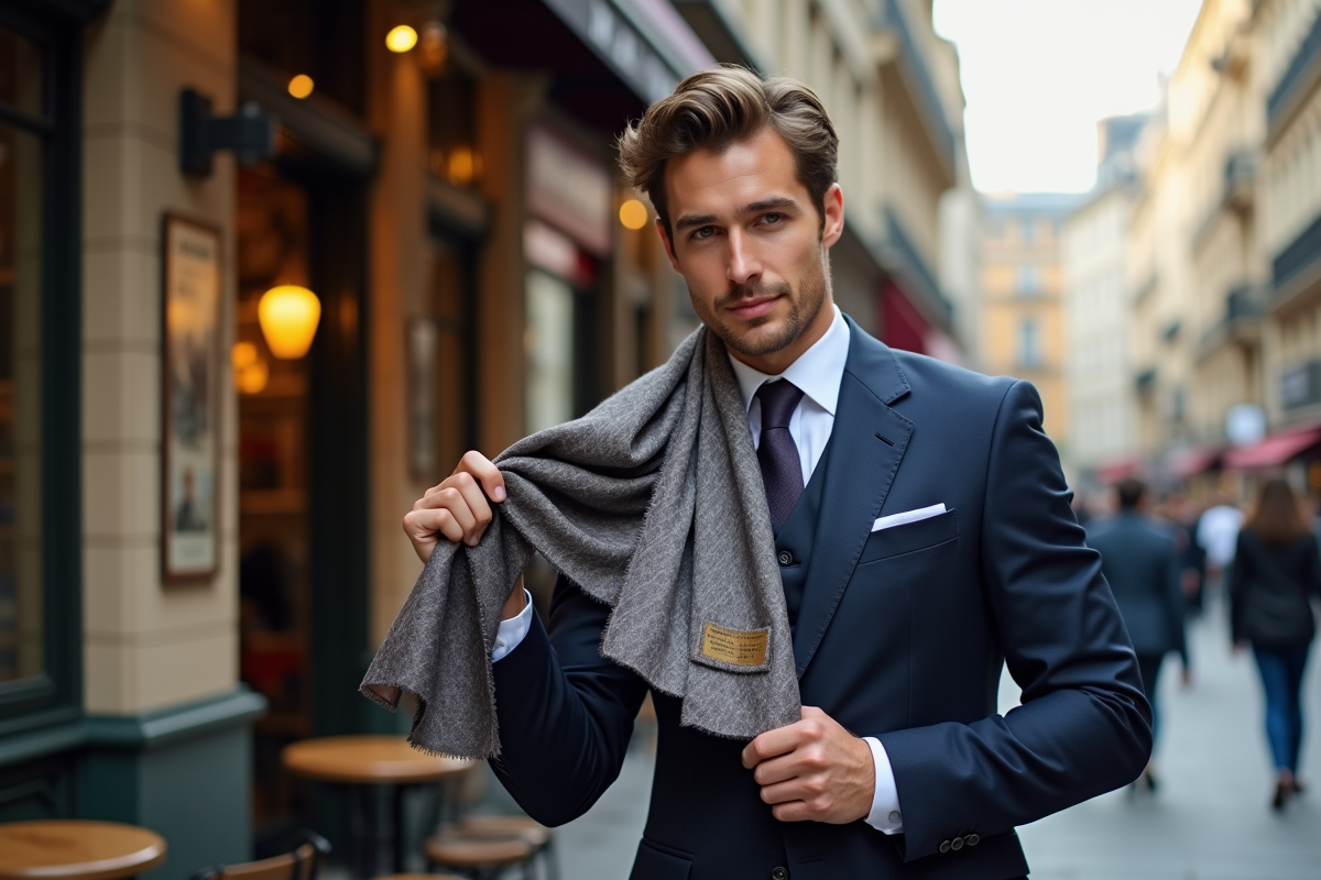 Jeune homme en costume regardant une écharpe en ville