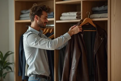 Jeune homme accrochant une veste en cuir dans une armoire moderne