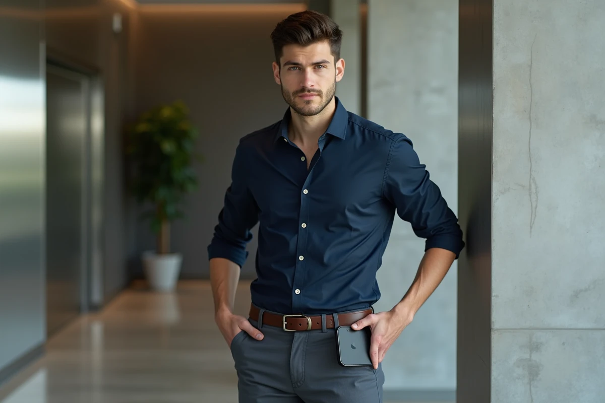 Jeune homme professionnel insérant son iPhone 15 Pro dans sa poche