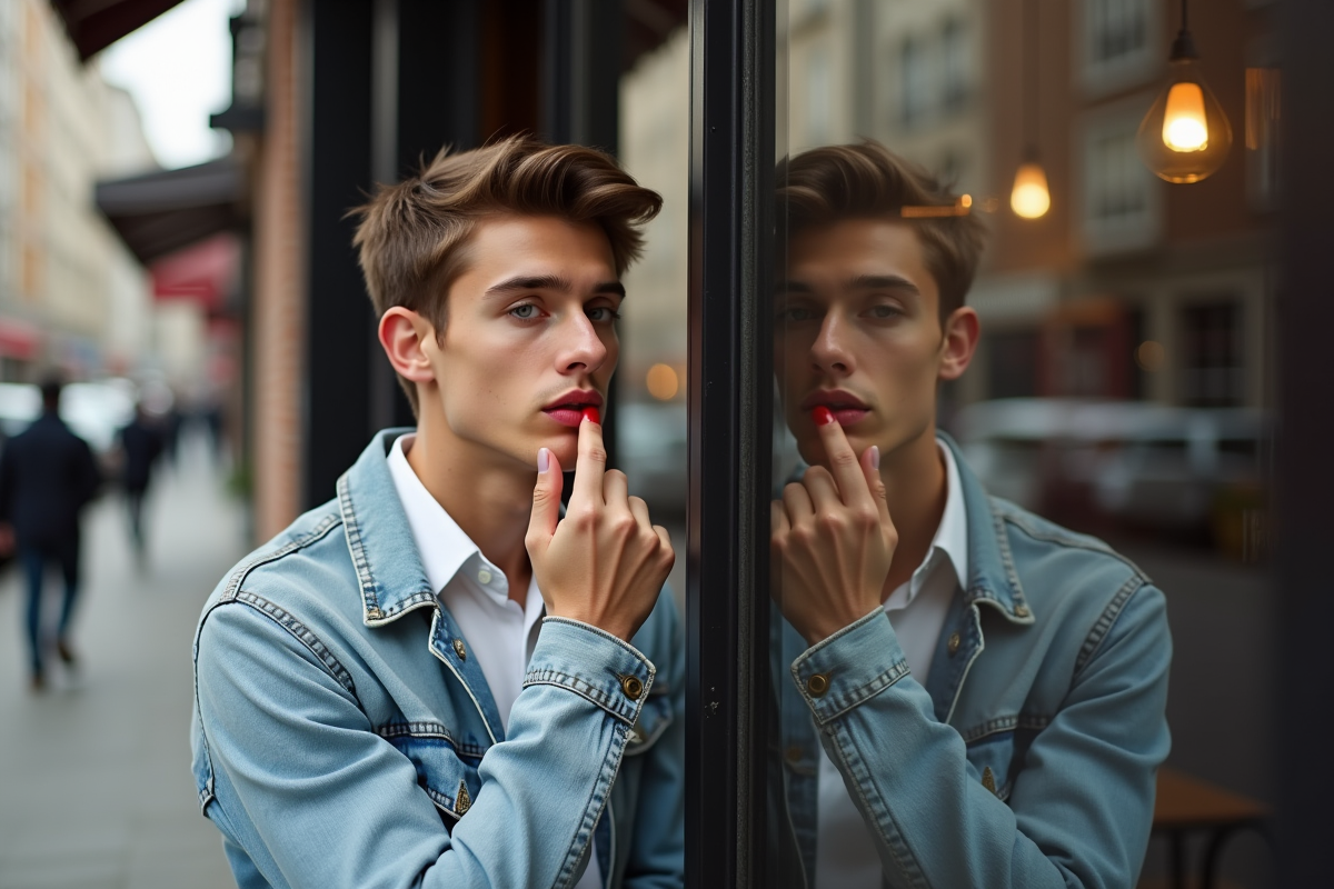 Jeune homme regardant son reflet avec rouge à lèvres