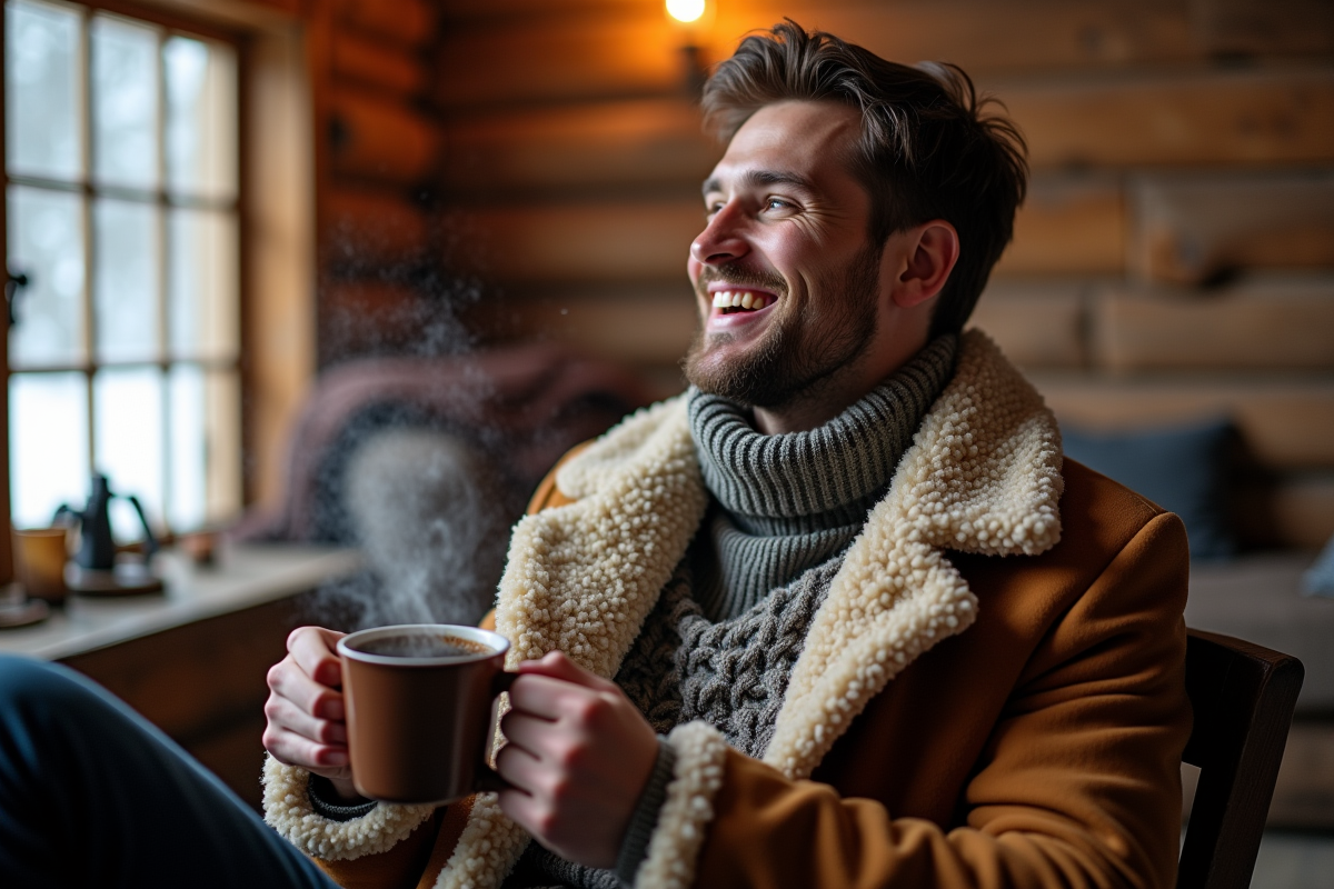 Jeune homme souriant dans une cabane en bois chaleureuse