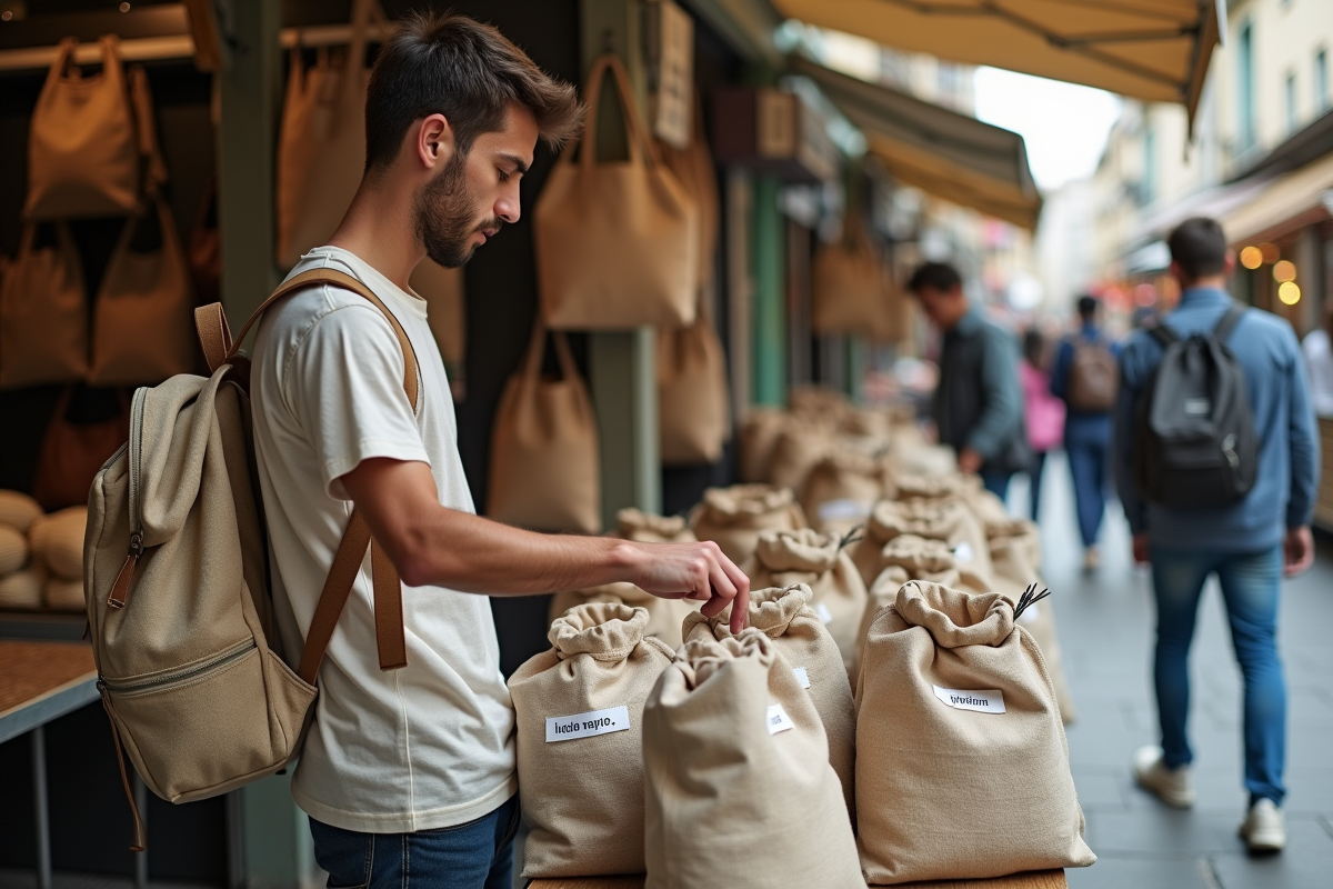 Jeune homme explore un marché de sacs en tissu
