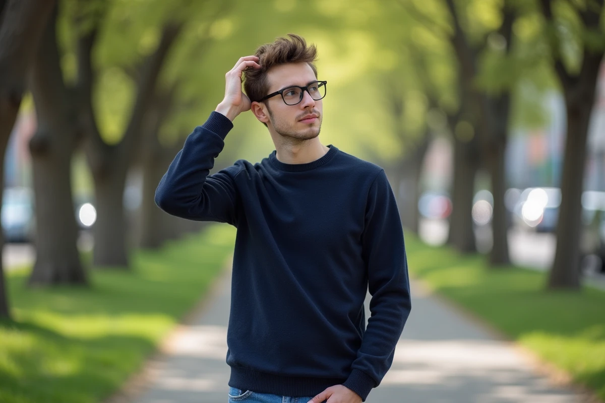 Jeune homme pensif avec lunettes dans un parc urbain
