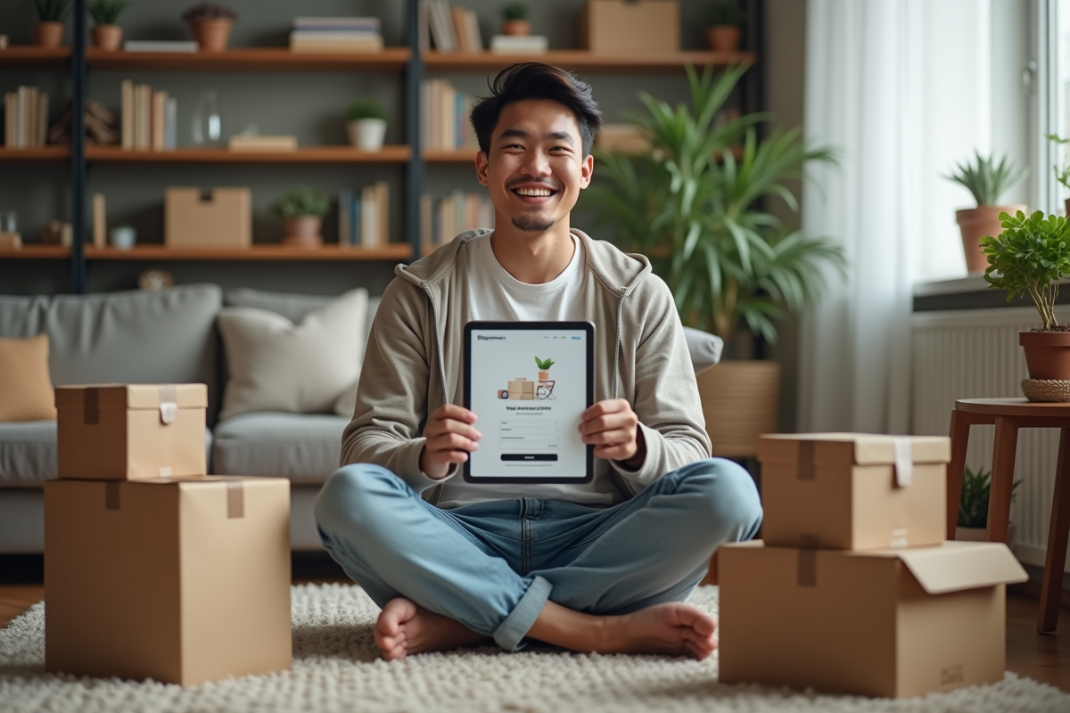 Jeune homme avec tablette dans le salon chaleureux