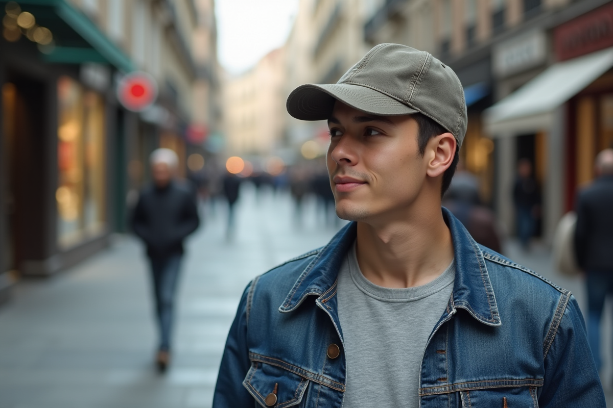 Jeune homme en veste en jean et casquette dans la ville