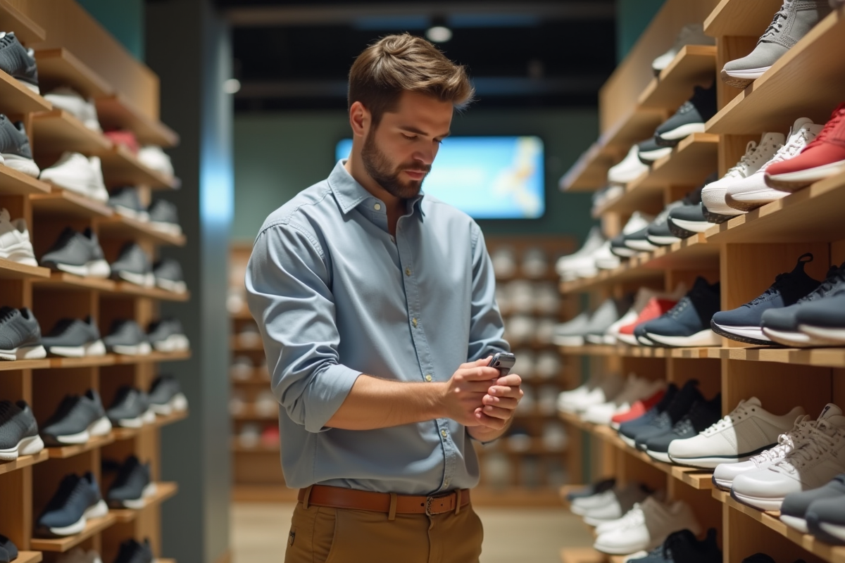 Jeune homme regardant des sneakers dans un magasin de chaussures
