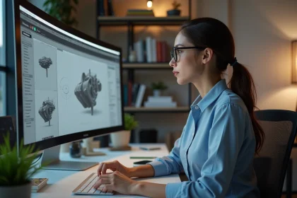 Jeune femme professionnelle examinant un mod&egrave;le 3D sur son &eacute;cran