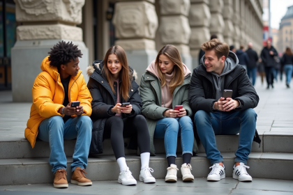 Groupe de jeunes adultes en streetwear dans une place urbaine