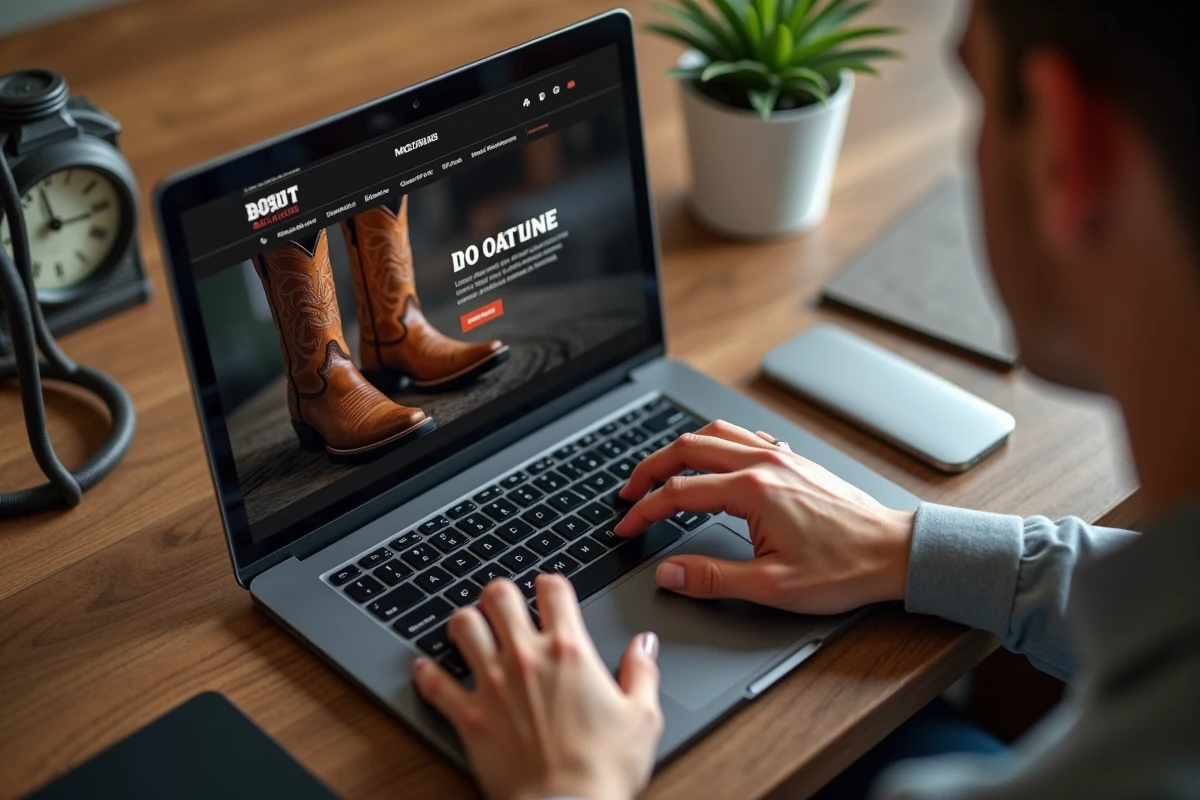 Jeune homme tenant bottes de cowboy sur ordinateur