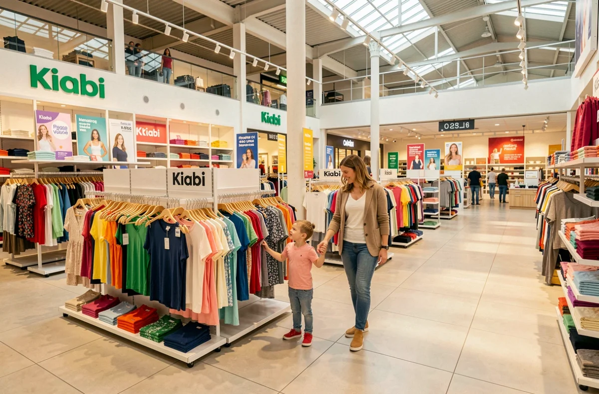 Rayon femme du magasin Kiabi à Valence avec une cliente et son enfant choisissant des vêtements