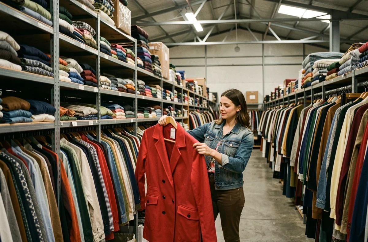 Intérieur d'un magasin de vêtements au kilo style entrepôt avec des portants industriels remplis de vêtements triés par couleur, une cliente inspectant un manteau rouge