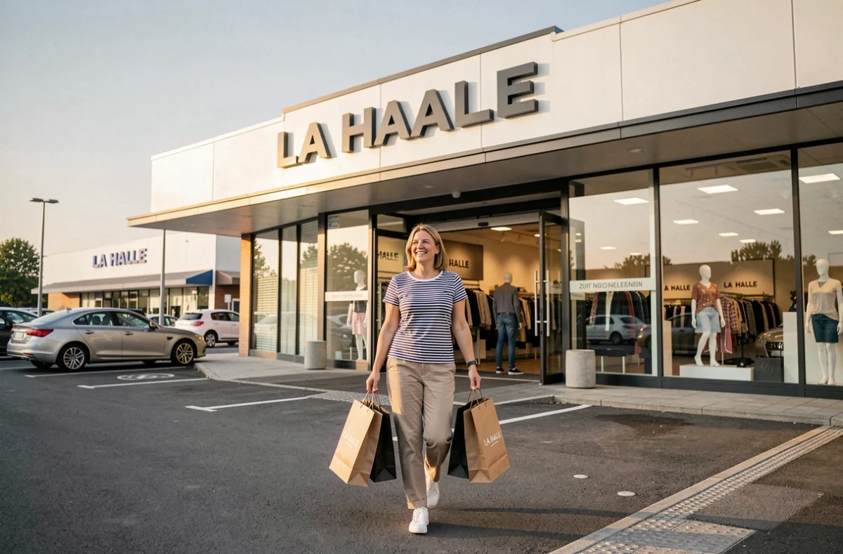 Entrée du magasin La Halle à Montélimar avec une cliente souriante portant des sacs d'achats