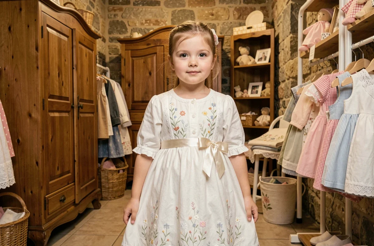 Fillette en robe brodée artisanale dans l'atmosphère précieuse et intime de La Prunelle de mes Yeux à Paris