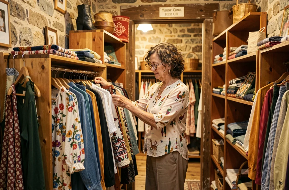 Friperie chaleureuse au caractère artisanal avec une femme aux cheveux bouclés et lunettes rondes arrangeant des vêtements vintage sur un portant, murs en pierre apparente et étagères en bois