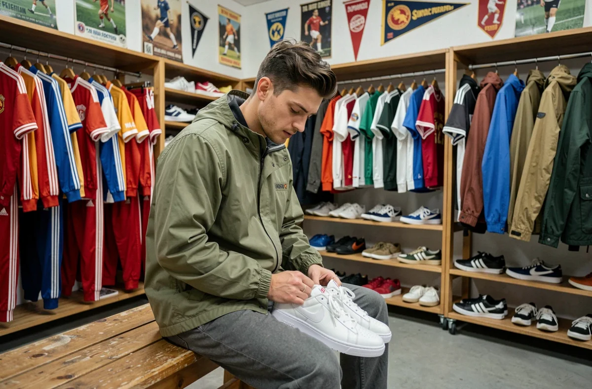 Friperie sportswear spécialisée dans les vêtements de sport vintage avec un jeune homme en coupe-vent rétro examinant des baskets blanches classiques, murs décorés d'affiches sportives et fanions d'équipes