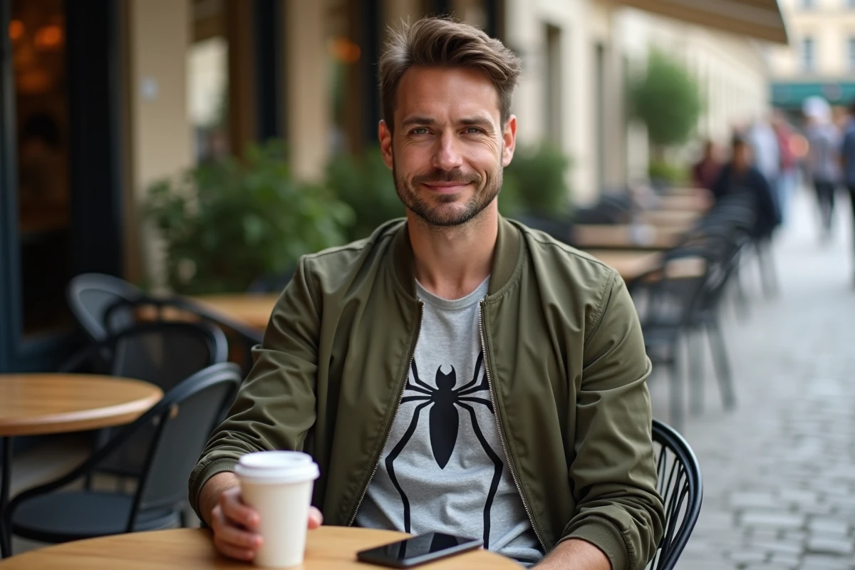 Homme adulte portant un tee-shirt Spider-Man gris sous une veste bomber kaki attablé en terrasse de café style parisien