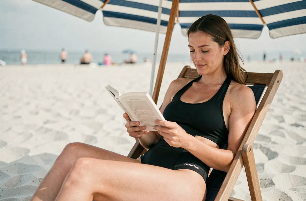 Femme en maillot une pièce période proof assise sous un parasol rayé sur la plage