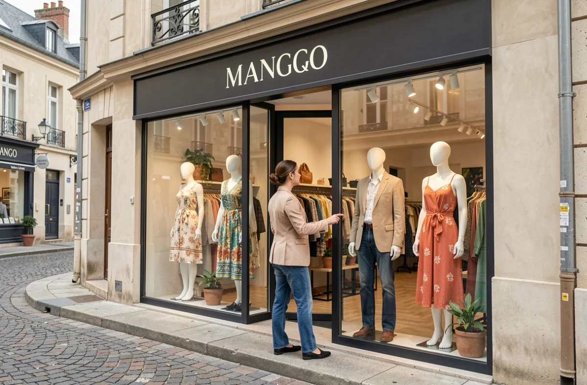 Devanture du magasin Mango à Montélimar avec une cliente s'arrêtant devant la vitrine de mode