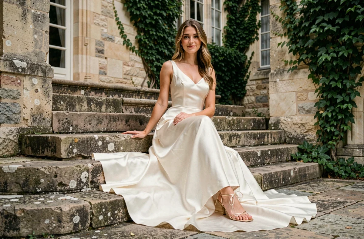 Mariée en robe satin ivoire portant des sandales dorées petit talon assise sur les marches d'un château