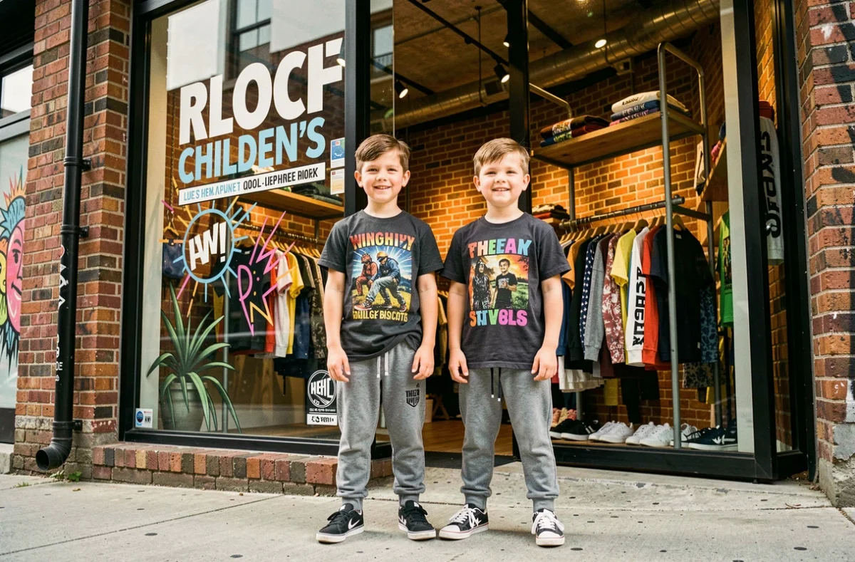Deux garçons en tenues rock et streetwear devant la boutique Milk on the Rocks à Paris