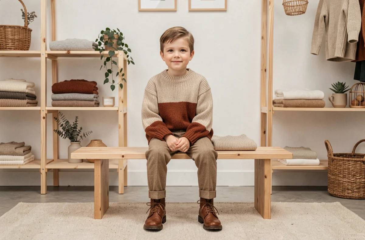 Jeune garçon en pull en maille chaleureuse dans l'ambiance minimaliste scandinave de la boutique Molli à Paris