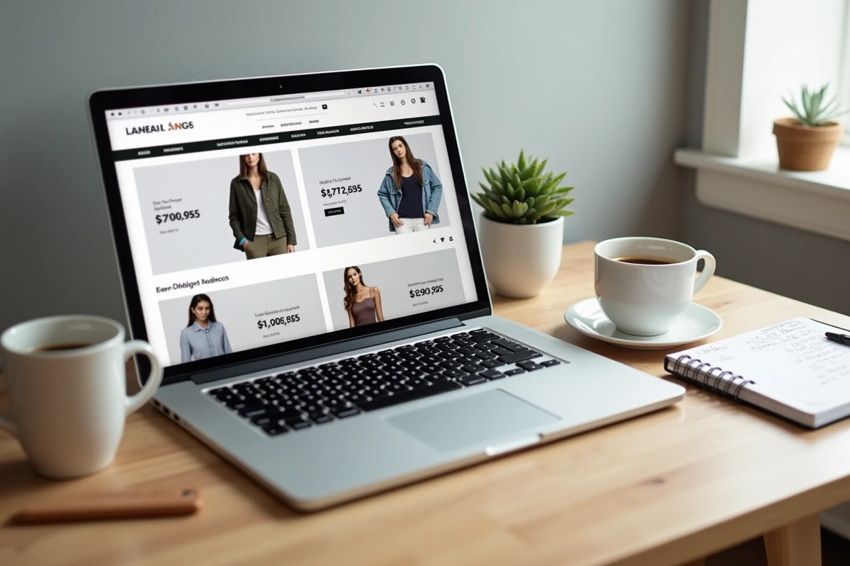 Ordinateur portable ouvert sur un site de vente en ligne de vêtements de marque avec des prix soldés visibles sur un bureau en bois