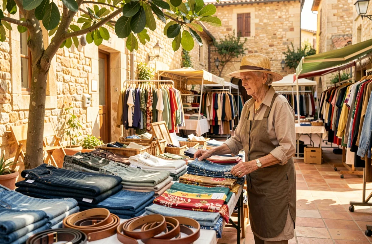 Marché aux puces en plein air dans une cour méditerranéenne avec une femme âgée en chapeau de paille fouillant des jeans et des foulards sur des tables, murs en pierre et pavés en terre cuite