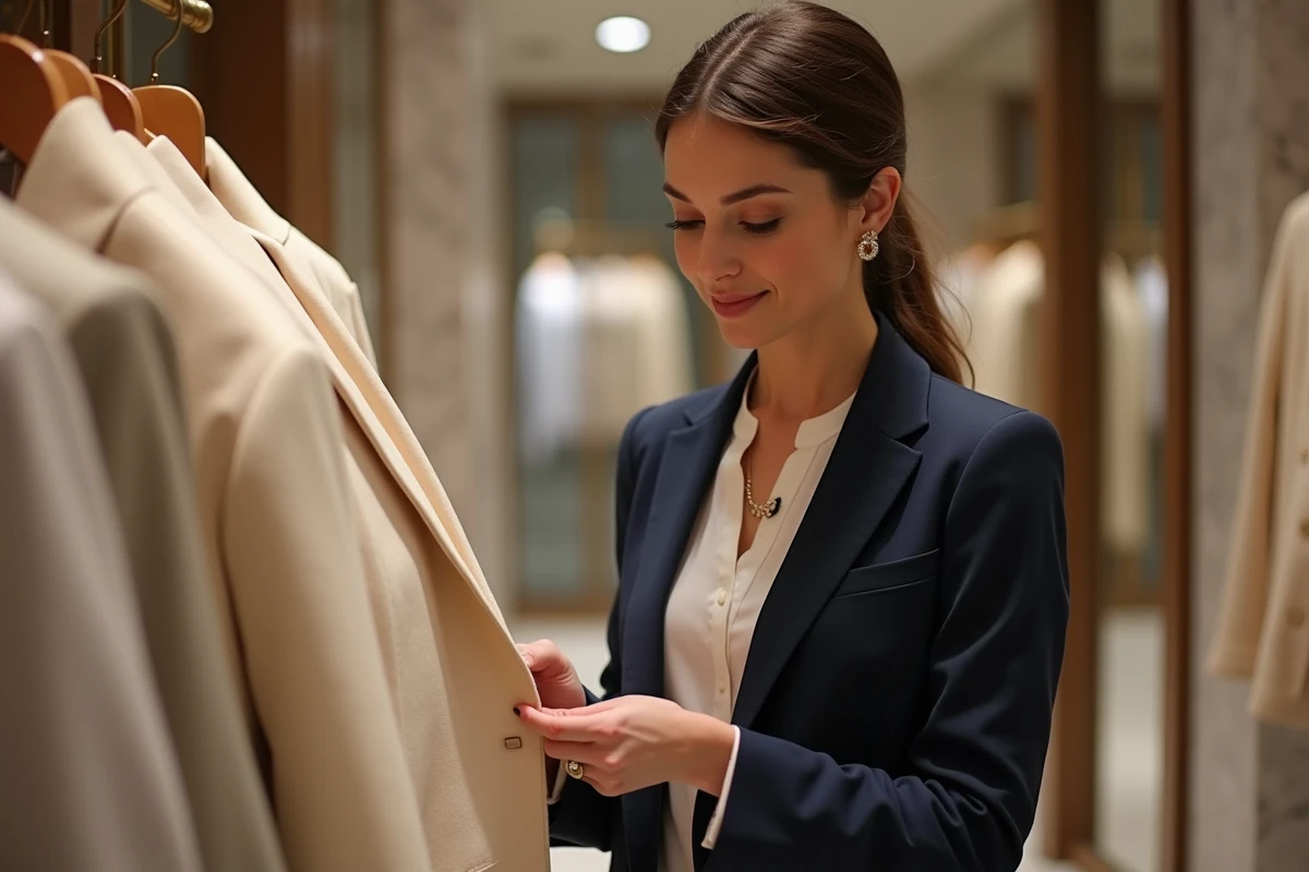 Femme examinant une veste haute couture dans une boutique de mode à Nice, illustration d'un avis client positif sur la qualité des créations