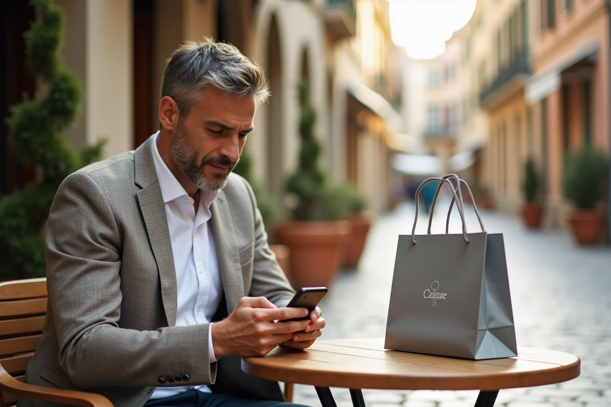 Homme consultant des avis Trustpilot et Google sur une marque de couture niçoise depuis son smartphone en terrasse