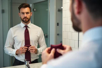 Homme apprenant à faire un nœud de cravate Windsor devant un miroir de salle de bain