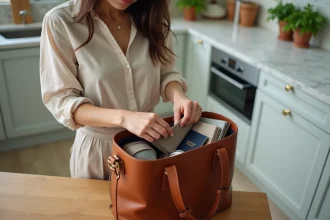 Femme organisant son sac à main de voyage en cuir avec des pochettes de rangement sur une table en bois