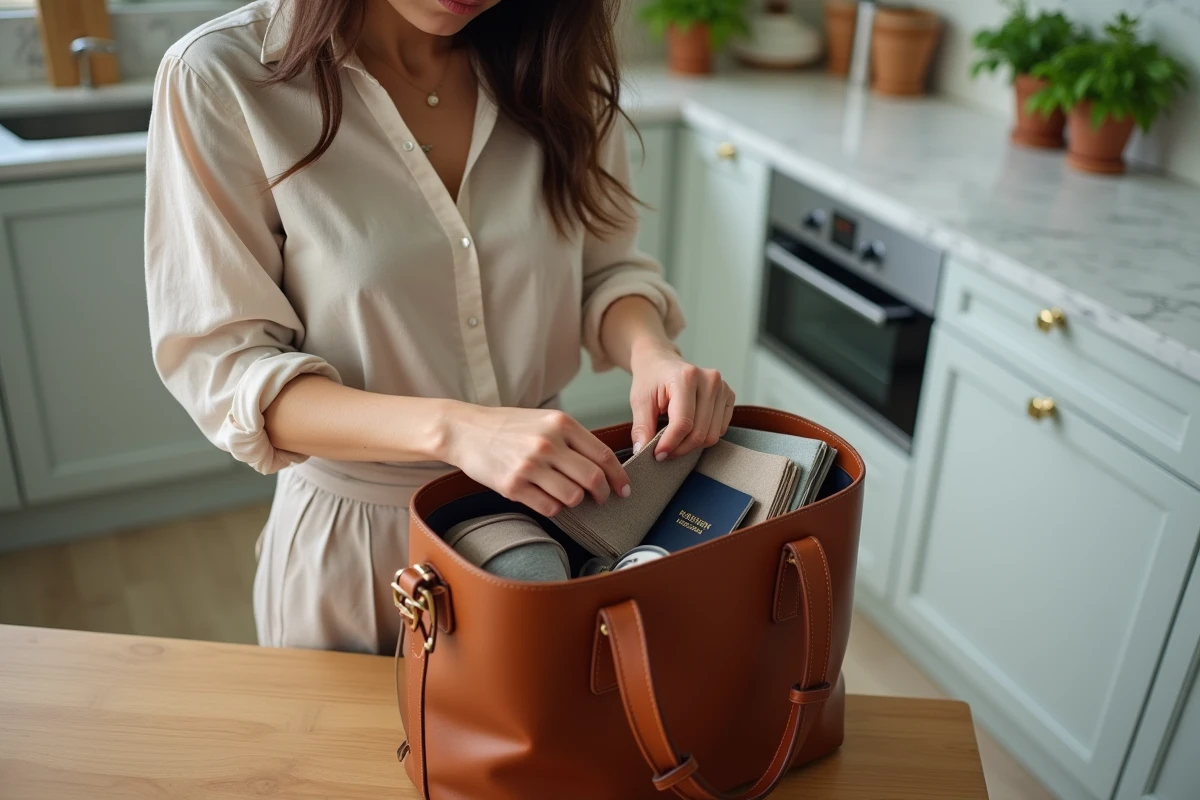 Femme organisant son sac à main de voyage en cuir avec des pochettes de rangement sur une table en bois