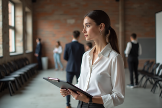 Jeune organisatrice mode surveillant un défilé dans un loft