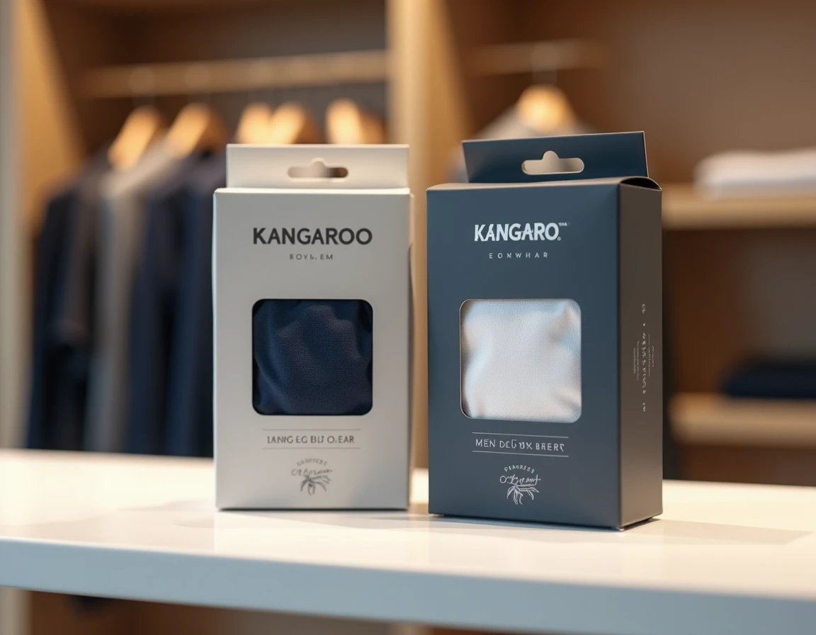 Deux packagings de sous-vêtements pour homme en rayon de boutique, présentant un boxer kangourou et un caleçon long pour aider au choix