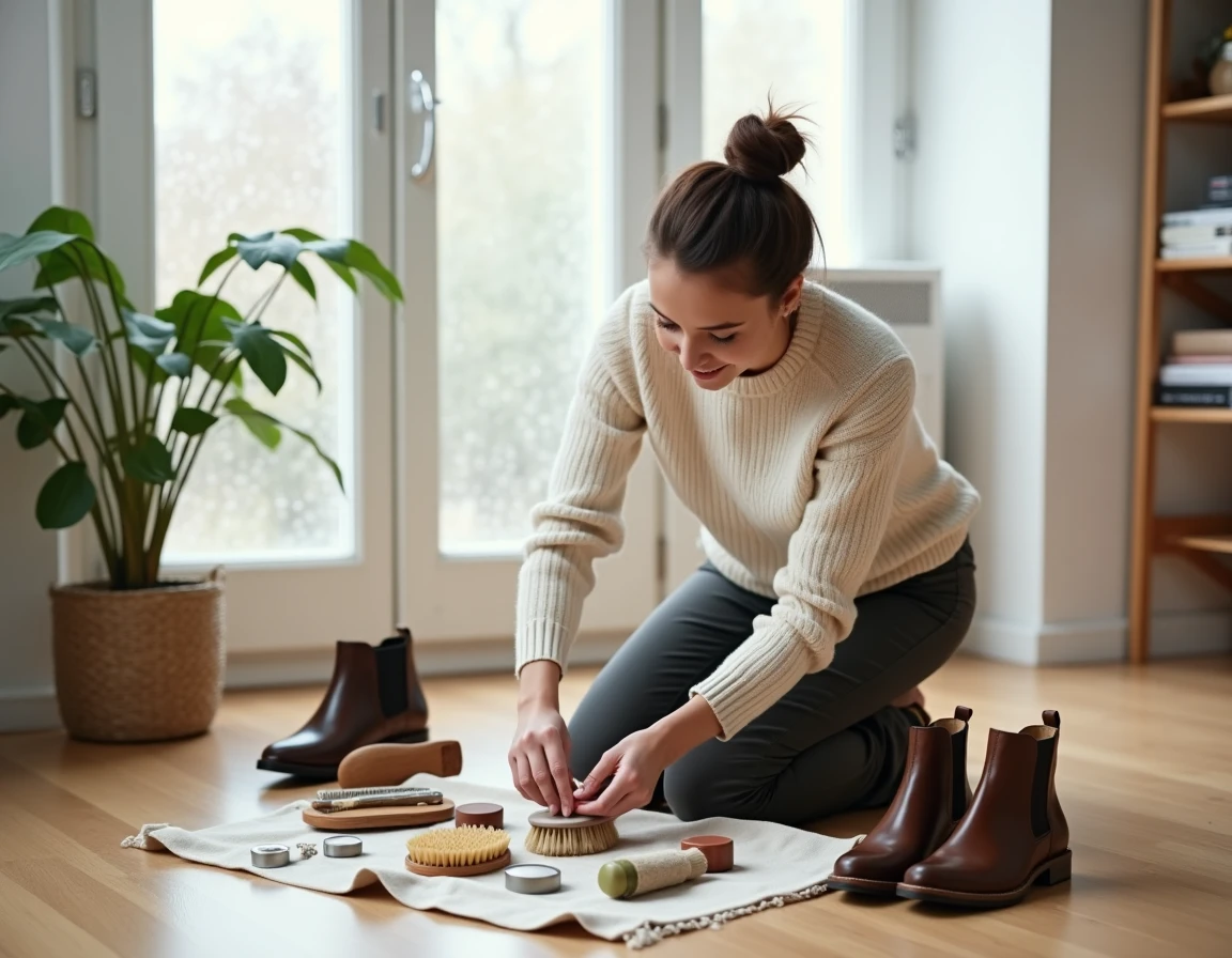 Femme préparant son matériel de cirage de chaussures sur parquet dans un appartement scandinave épuré, moment de soin et de bien-être