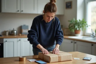 Femme préparant un colis Vinted avec étiquette d'envoi et application mobile sur table en bois