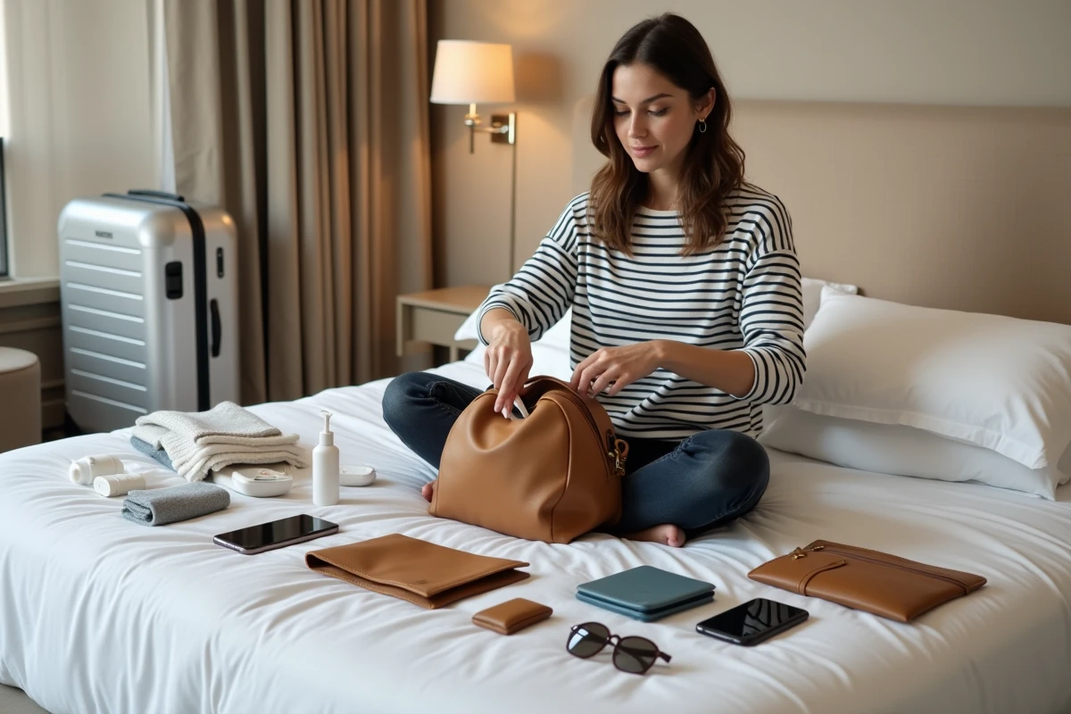 Femme préparant et organisant son sac à main de voyage avec des accessoires essentiels sur un lit d'hôtel