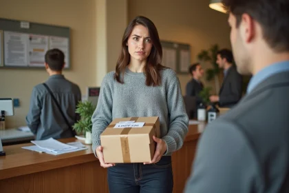 Femme tenant un colis retour non récupéré au comptoir d'un bureau de poste