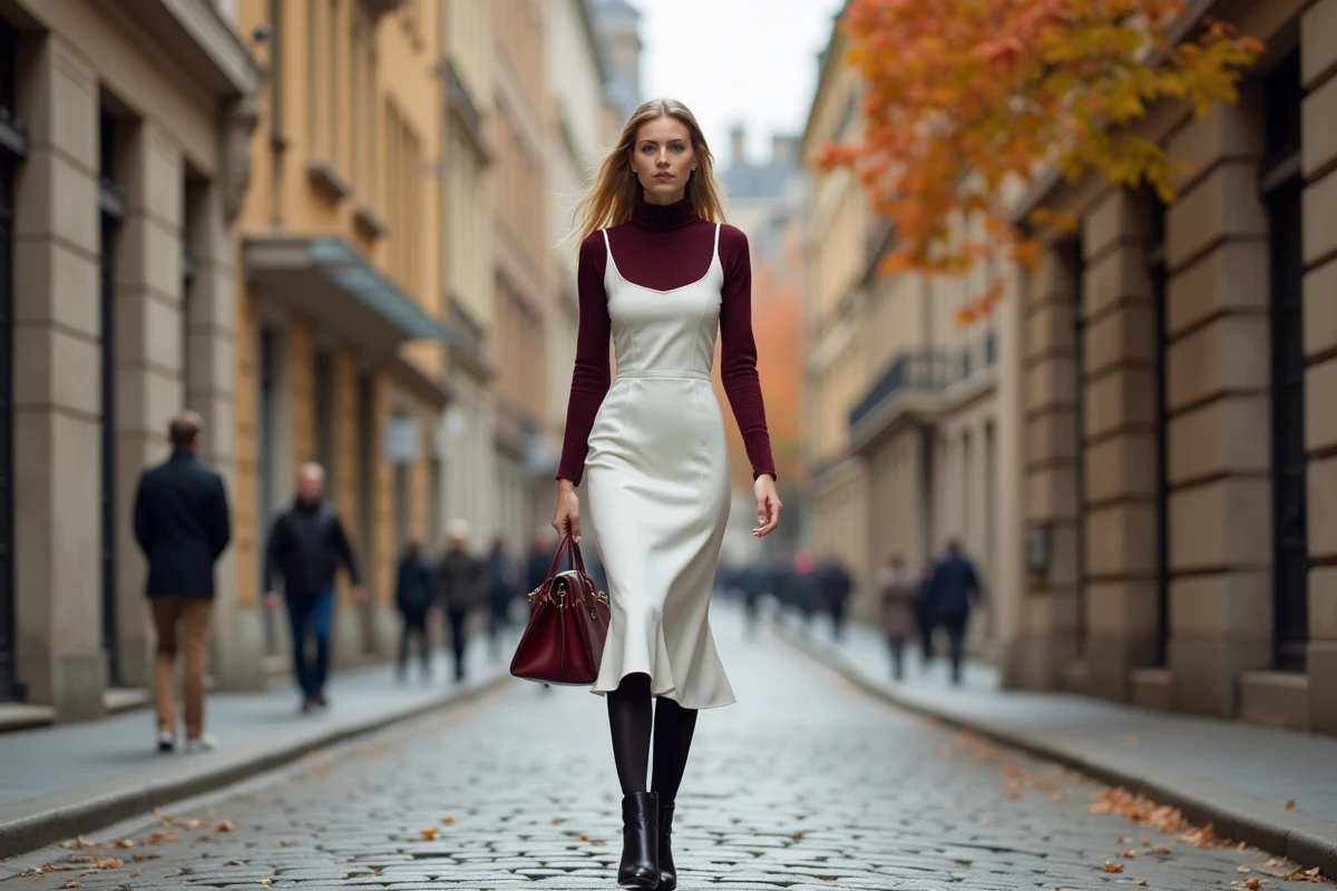 Femme portant une robe blanche de soirée revisitée pour l'automne avec col roulé bordeaux et bottines dans une rue pavée