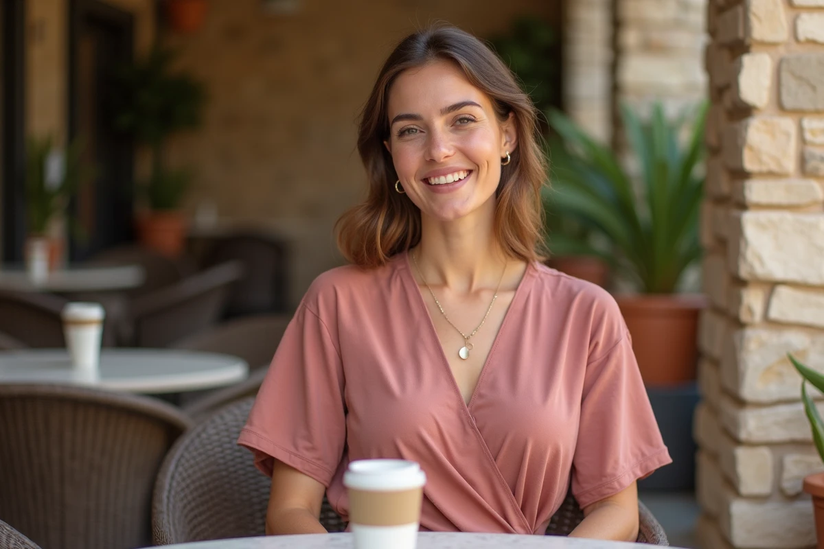 Femme à forte poitrine en robe fluide portefeuille maxi rose assise en terrasse de café en été