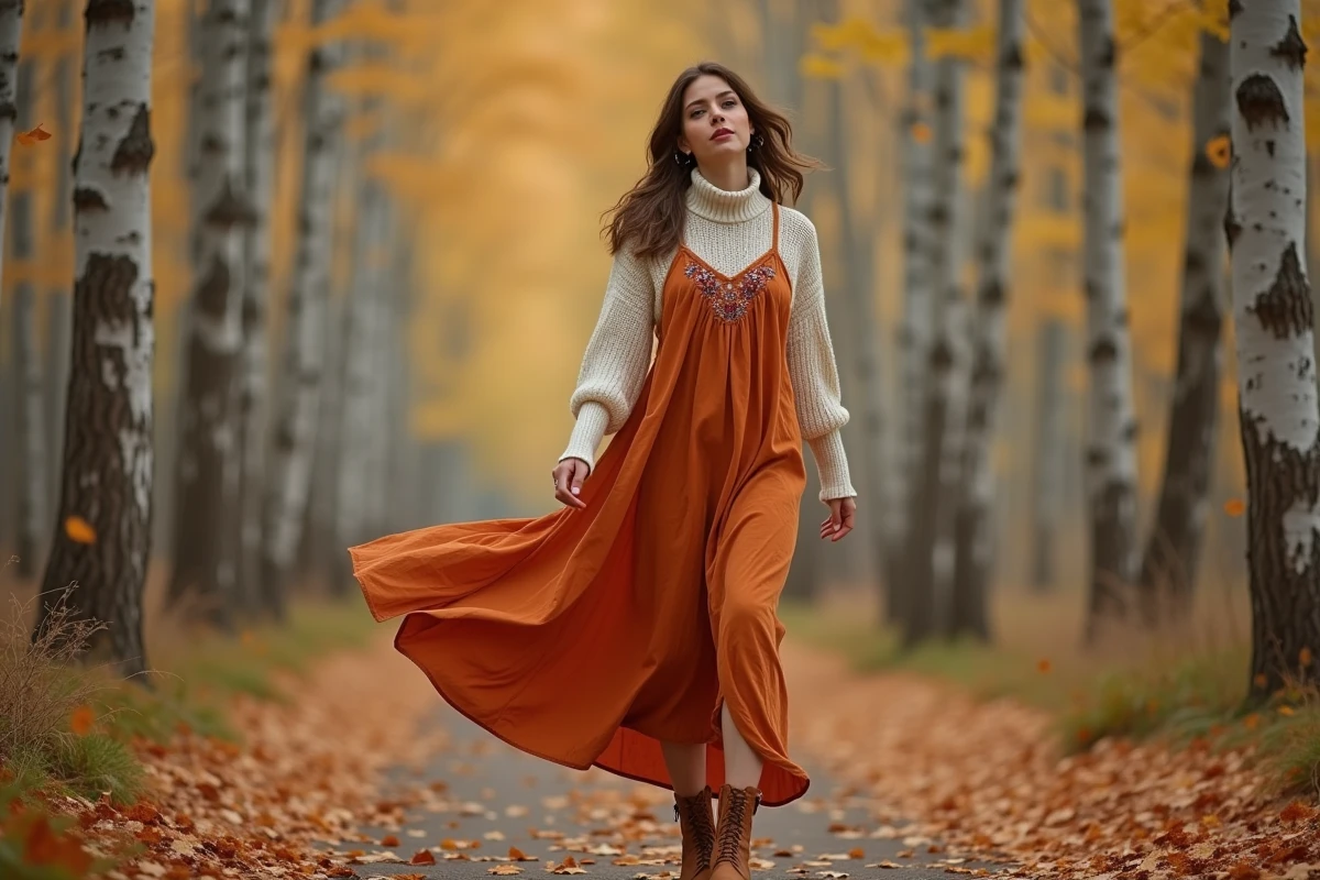 Femme portant une robe hippie longue en orange brûlé superposée sur un col roulé crème avec des bottes en cuir cognac dans une forêt de bouleaux en automne