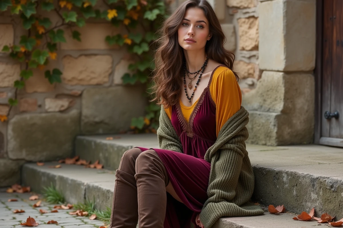 Femme en robe hippie velours bordeaux superposée sur un top moutarde avec cardigan vert olive et bottes en daim marron sur des marches en pierre dans une cour européenne en automne