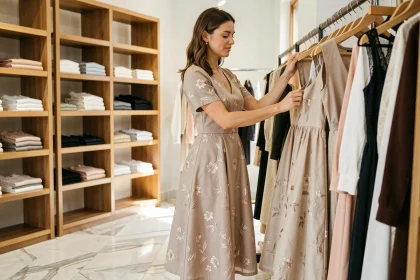 Femme élégante portant une robe Johanna Paris dans une boutique parisienne authentique