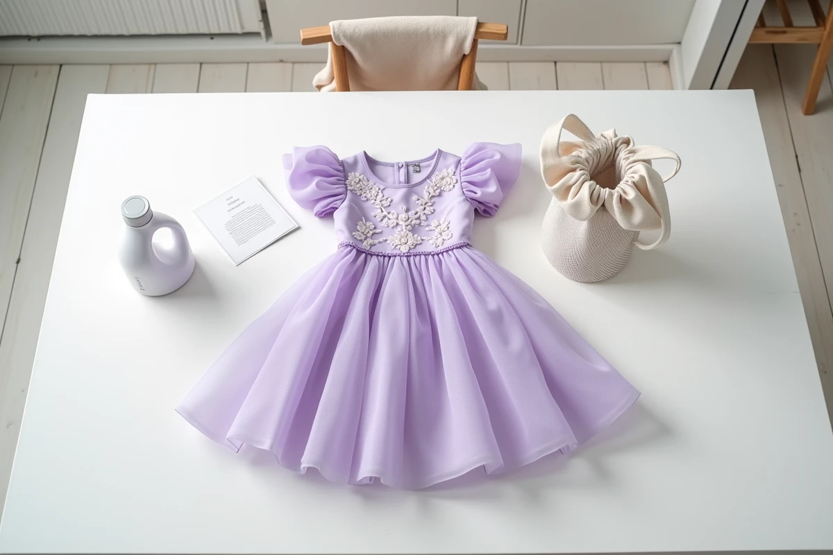 Robe de princesse lavande posée à plat avec accessoires d'entretien et étiquette de lavage sur table en bois