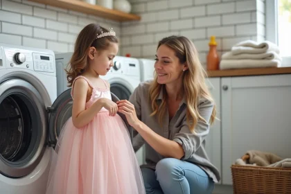 Petite fille en robe de princesse rose devant un lave-linge avec sa mère dans une buanderie familiale
