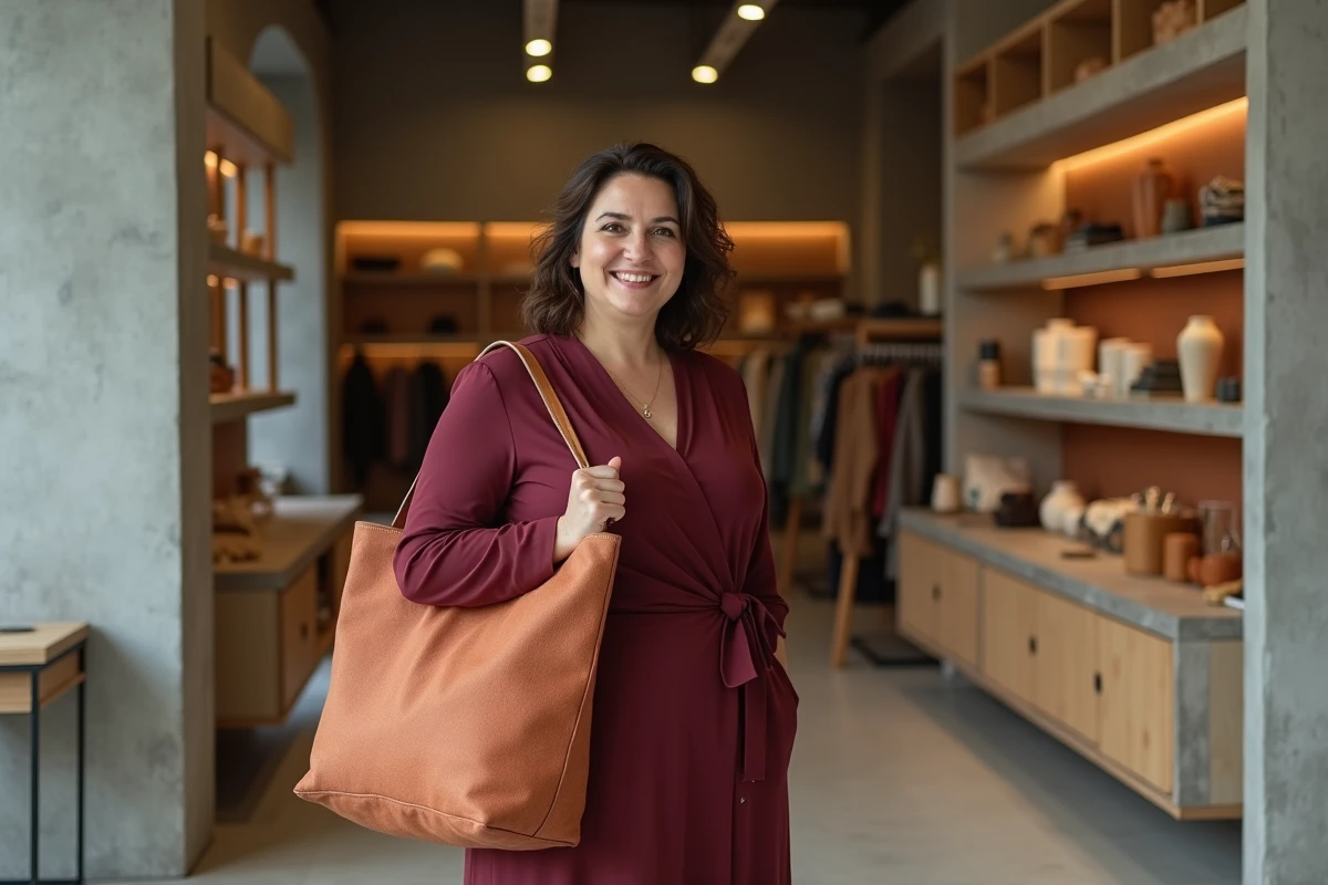 Femme ronde et élégante avec un grand sac cabas terracotta tendance 2026 dans un concept store minimaliste
