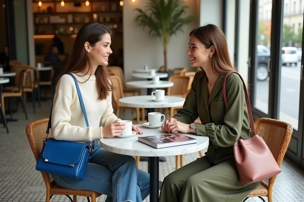 Deux femmes aux morphologies différentes comparant des sacs tendance 2026 bleu cobalt et rose poudré dans un café parisien